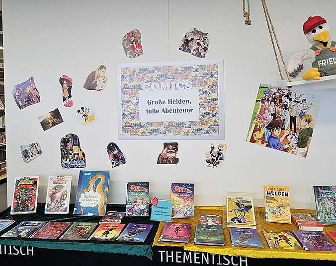 Plakat und Bücher auf Ausstellungstisch zum Thema
