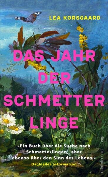 Zeichnung einer Blumenwiese über der ein Schmetterling fliegt.