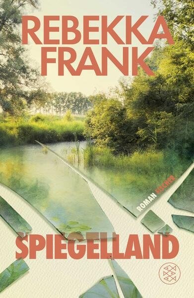 Ein Landschaft mit Bäumen und einem See ist auf einem zerbrochenen Spiegel zu sehen.
