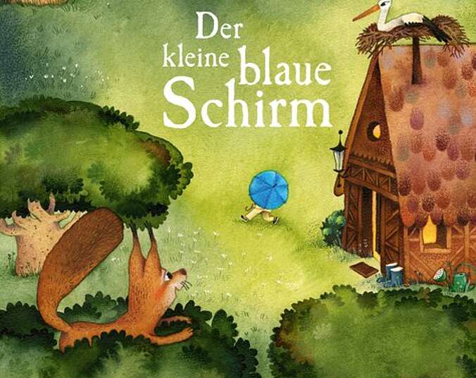 Ein Mensch mit einem kleinen blauen Regenschirm wird von den Tieren des Waldes beobachtet.