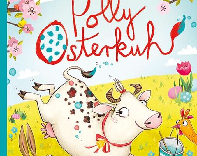 Polly springt bunt bemalt über eine Frühlingswiese.