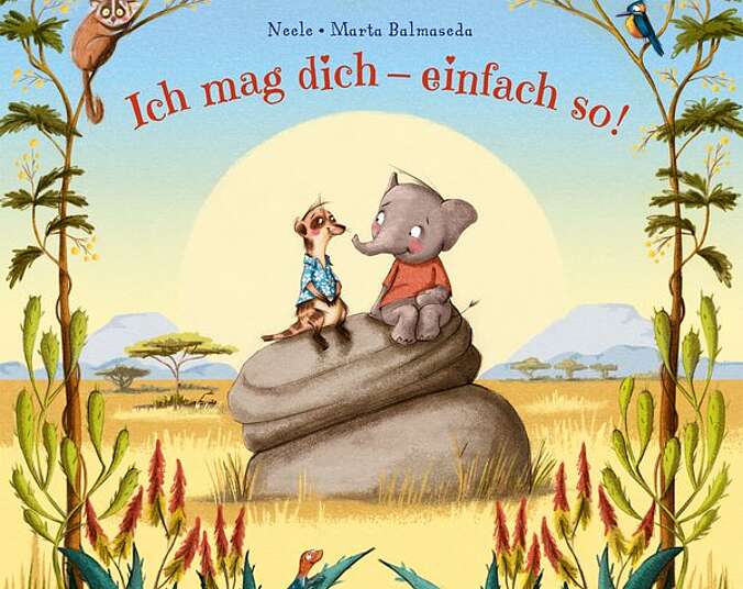 Ein Elefant und ein Erdmännchen sitzen in der Savanne auf einem Stein.