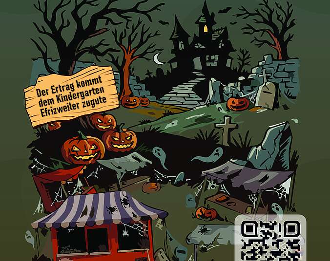 Man sieht ein gruseliges Schloss, Geister, Kürbisse, Grabsteine und kahle Bäume. Die dunklen Farben sorgen für eine schaurige Halloween-Stimmung.