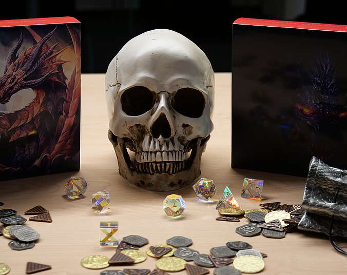 Gläserne Würfel und ein Totenschädel