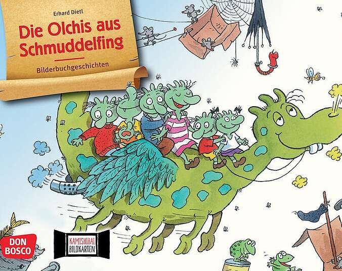 Die Olchis fliegen auf ihrem Drachen Feuerstuhl.