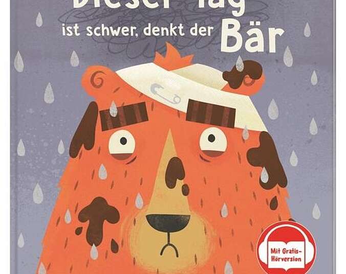 Gezeichnetes Bild eines unglücklichen Bären mit Verband am Kopf der im Regen steht.