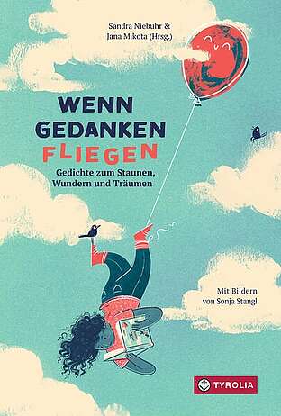 Zeichnung eines Kindes, dass an einen Luftballon gebunden durch die Luft fliegt und in einem Buch liest.