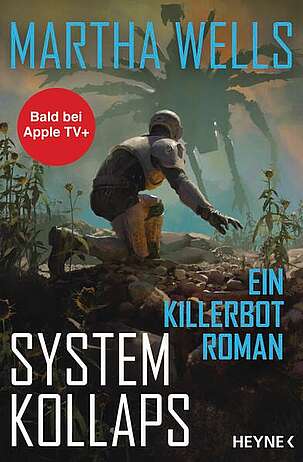 Ein Roboter kniet zwischen welkenden Blumen.