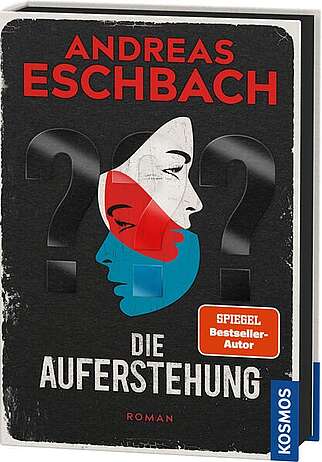 Zwei Gesichter in den drei Farben weiß, rot und blau, die sich überschneiden, darüber geprägt drei Fragezeichen.