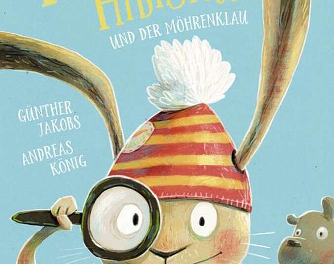 Hase Hibiskus sucht mit der Lupe in der Hand nach dem Möhrendieb.