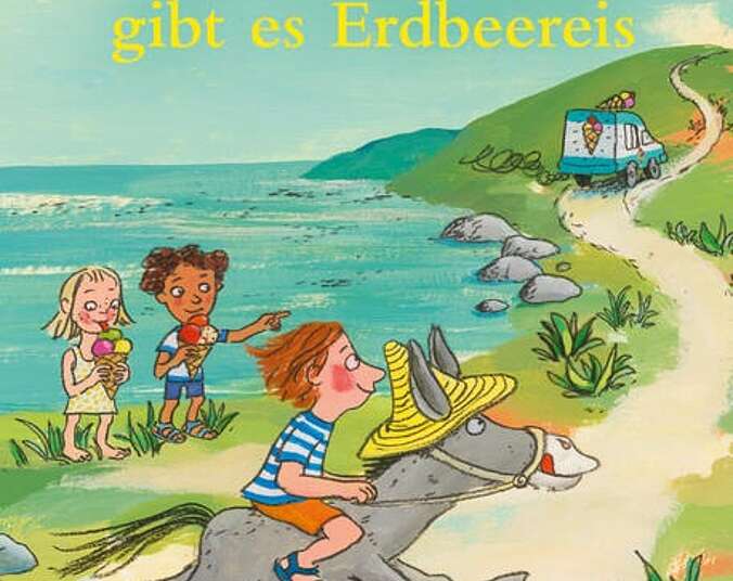 Kind auf einem Esel reitet einem Eiswagen hinterher.