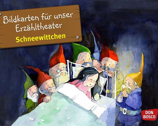 Die sieben Zwerge stehen um das schlafende Schneewittchen herum.