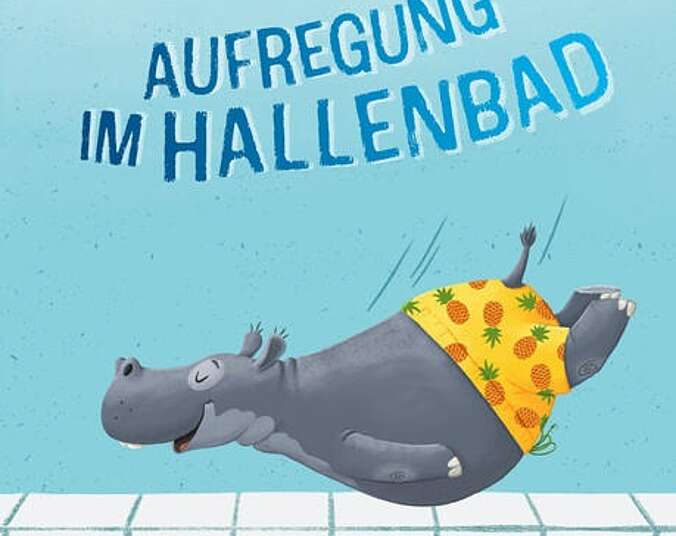 Noah das Nilpferd springt ins Wasserbecken.