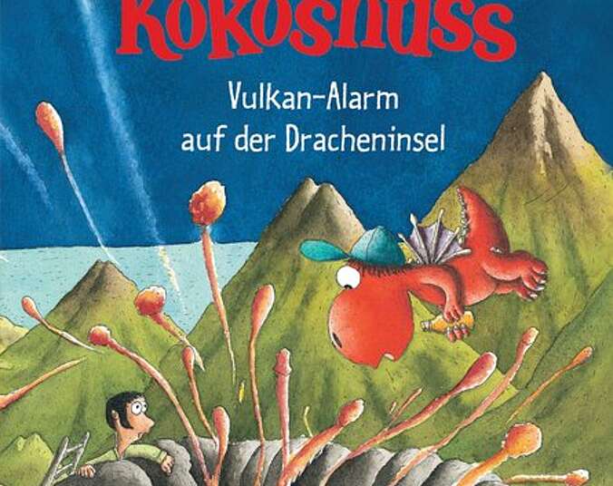 Kokosnuss fliegt über einen brennenden Vulkan.