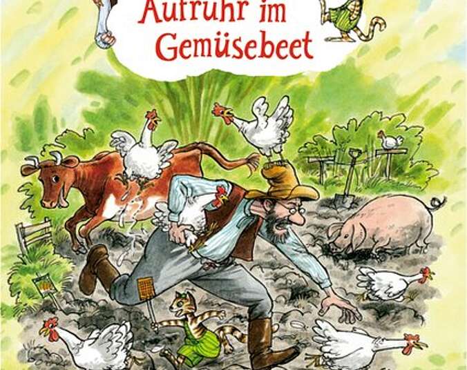 Pettersson und Findus jagen Schweine durchs Gemüsebeet.