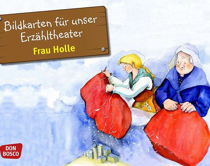 Frau Holle schüttelt ihre Kissen aus.