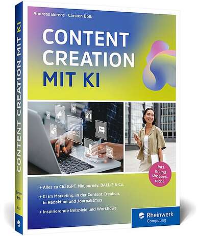 Buchumschlag in blaugrün mit zwei Bildern zur Content Creation mit KI