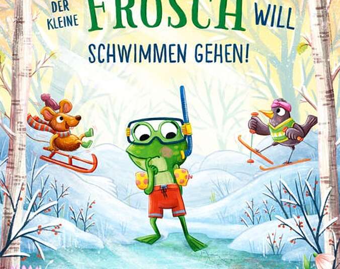 Der kleine Frosch steht im Winter mit Schwimmflügeln und Schnorchel auf dem zugefrorenen Teich.