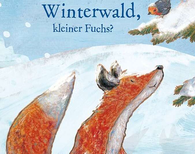 Gezeichnetes Bild eines Fuchses, der im Winterwald umhertollt.