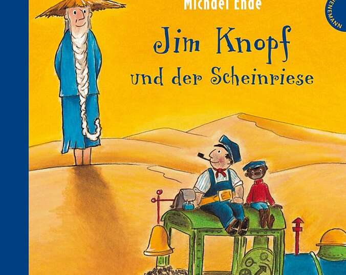 Jim Knopf, Lukas und Emma stehen in der Wüste wo Ihnen ein Scheinriese begegnet.