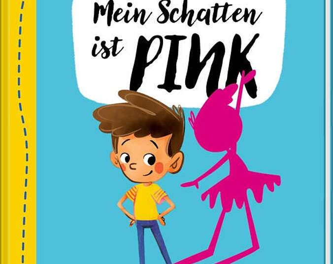 Auf dem Buchcover ist ein Junge zu sehen, dessen Schatten pink ist und tanzt.