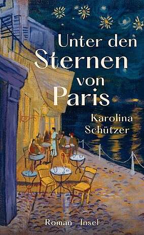Zeichnung eines Cafés in wassernähe bei Nacht.