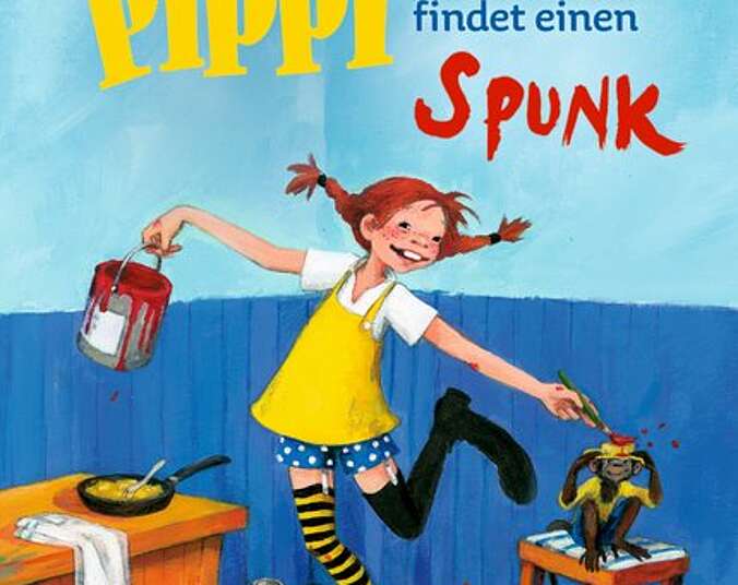 Pippi malt mit einem roten Eimer Farbe in der Villa Kunterbunt.