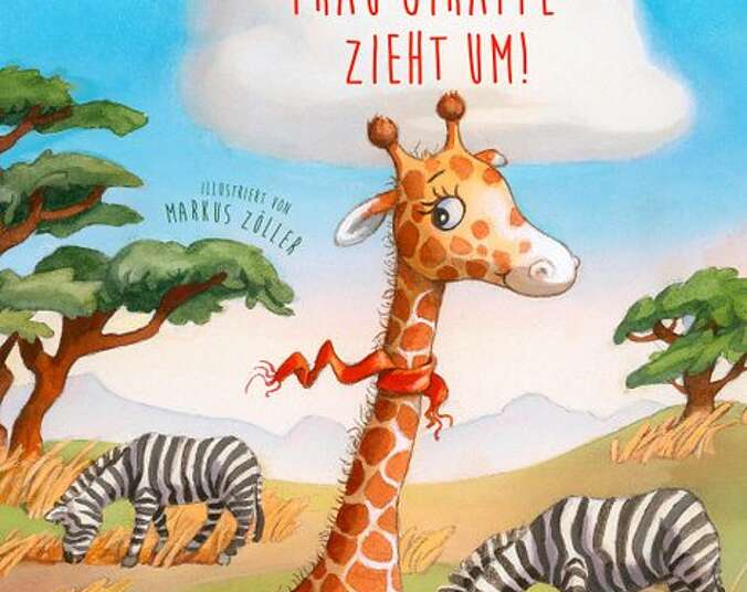 Frau Giraffe steht mit einem Schal bei den Zebras in der Savanne