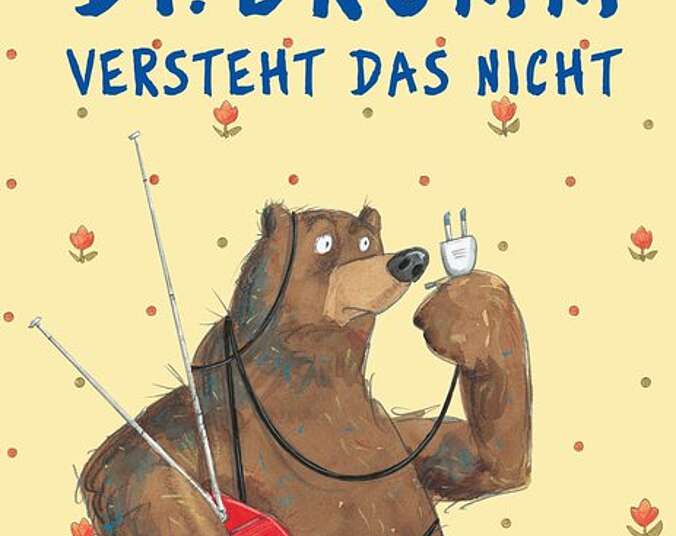 Dr. Brumm hält seinen Fernseher im Arm und schaut verwundert auf das Stromkabel.